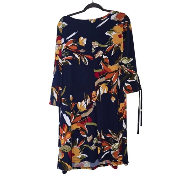 Womens MSK Floral Print Navy Dress XL 3/4 Sleeve Tie Cuffs Lightweight Soft Stre - Picture 3 of 8